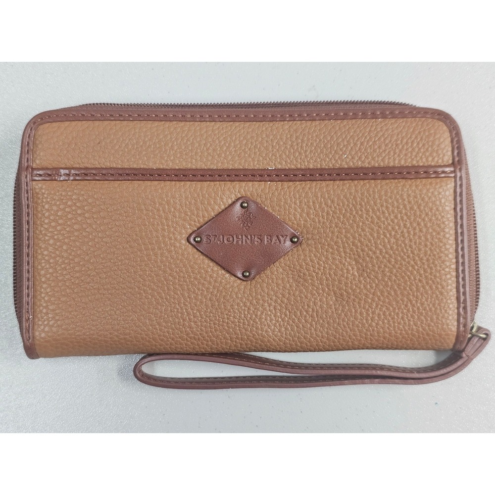 St Johns Bay Brown Pebbled Faux Leather Zip Around Wristlet Wallet Clutch
